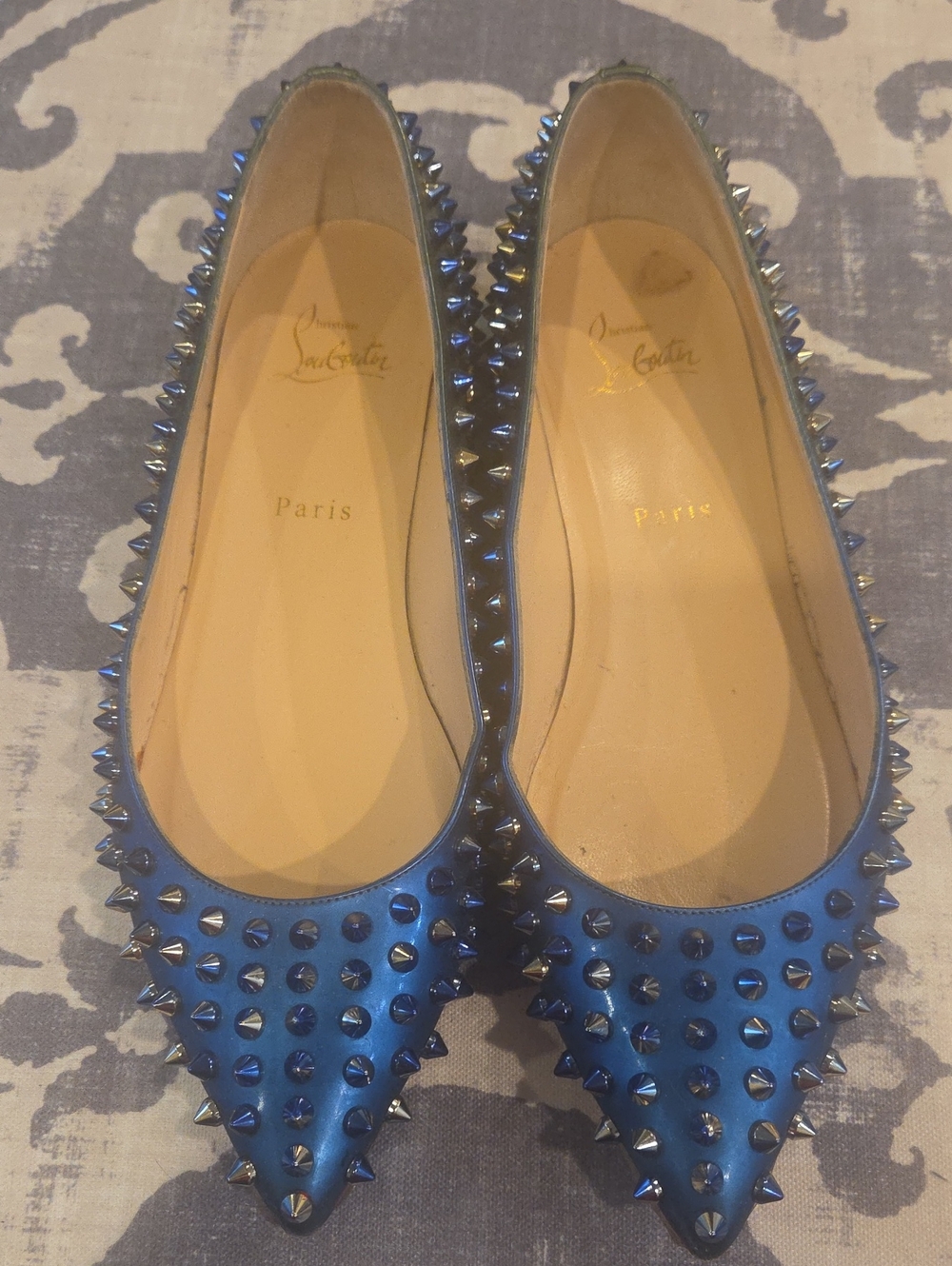 Christian Louboutin Metallic Blue/Green Spiked Pointed Flats